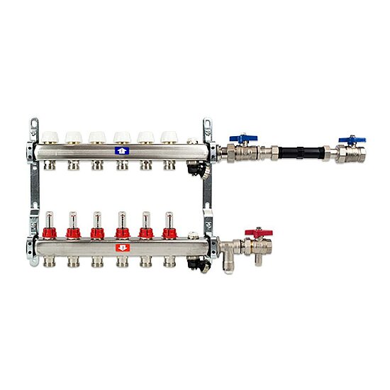 Heizkreisverteiler Komplettset Edelstahl, waagrechte Anschlussgarnitur mit WMZ