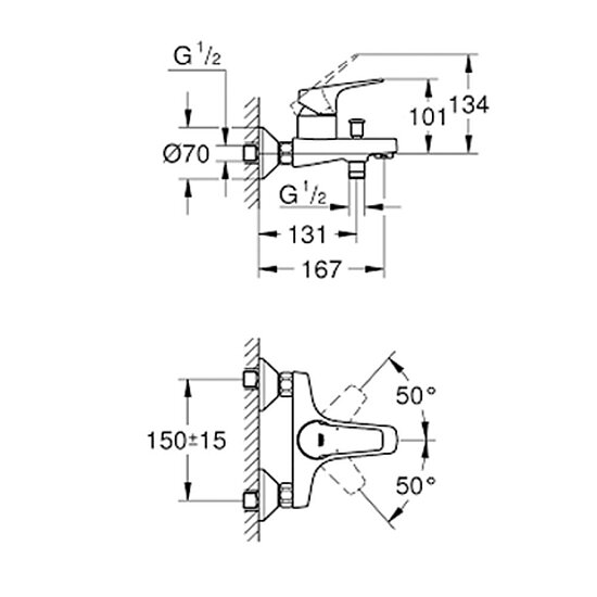 Wannenmischer GROHE Serie BauFlow, DN15, Wandmontage