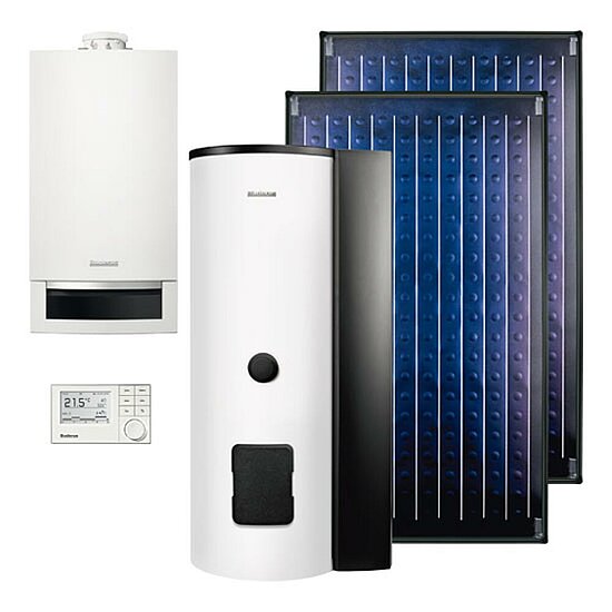 Gasbrennwertgerät GB172, 14 kW, Buderus, 2 Kollektoren SKN und Solarspeicher, Erdgas LL