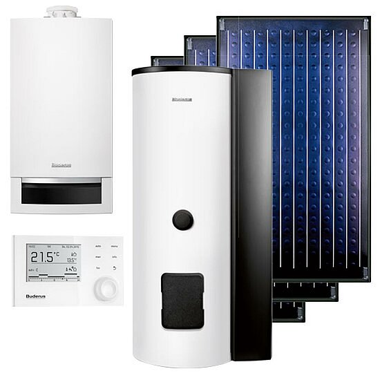 Gasbrennwertgerät GB172, 14 kW, Buderus, 3 Kollektoren SKN und Solarspeicher, Erdgas LL