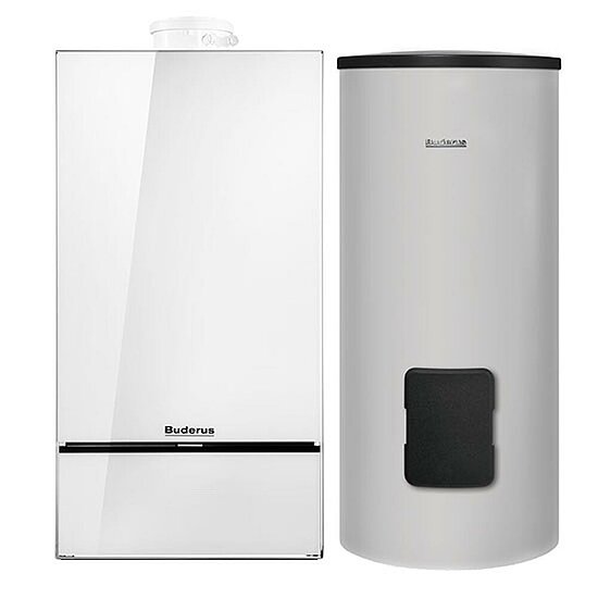 Gasbrennwertgerät GB182i, 35 kW, Buderus, mit Warmwasserspeicher SU300, 300L, Erdgas E/H, weiß