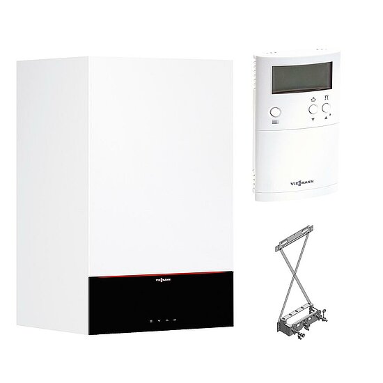 Gastherme Paket Vitodens 200-W, 19 kW, Kombitherme Aufputz, 3,5 Zoll Display, Vitotrol 100 UTDB, Viessmann