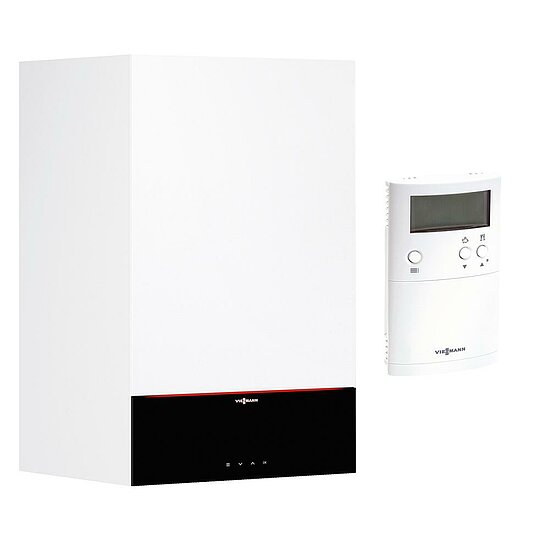 Gastherme Paket Vitodens 200-W, 32 kW, Kombitherme Unterputz, 3,5 Zoll Display, Vitrotrol 100 UTDB, Viessmann