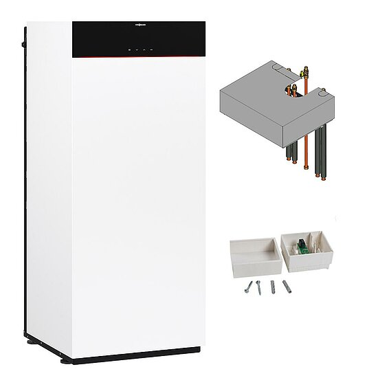 Gastherme Paket Vitodens 222-F, 11 kW, Ladespeicher, Aufbau-Kit, 3,7 Zoll Display, Viessmann