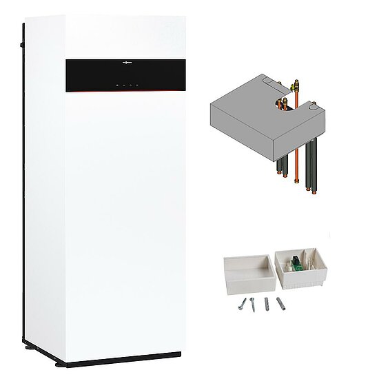 Gastherme Paket Vitodens 222-F, 11 kW, Speicher innenbeheizt, Aufbau-Kit, 3,5 Zoll Display, Viessmann