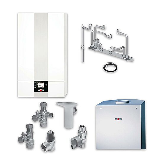 Paket Gasbrennwert-Heiztherme CGB-2-24, WOLF, Regelung BM-2, Aufputz, 24kW, 120l